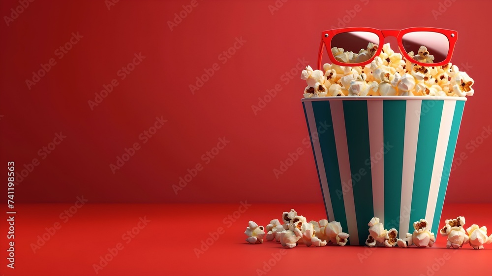 Striped popcorn bucket with red sunglasses on a red background. movie time concept. cheerful, vivid cinema snack presentation. AI