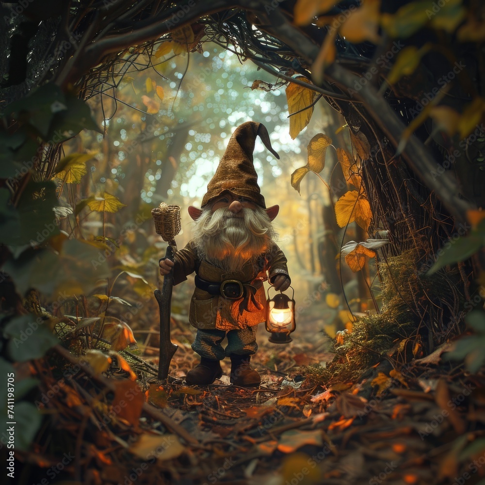 Naklejka premium Gnome adventurer trekking through a mystical forest lantern in hand exploring the unknown