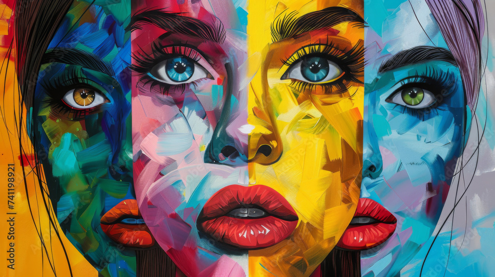 Striking mural artwork showcasing a collage of women's faces in a vibrant array of abstract colors and expressive eyes.
