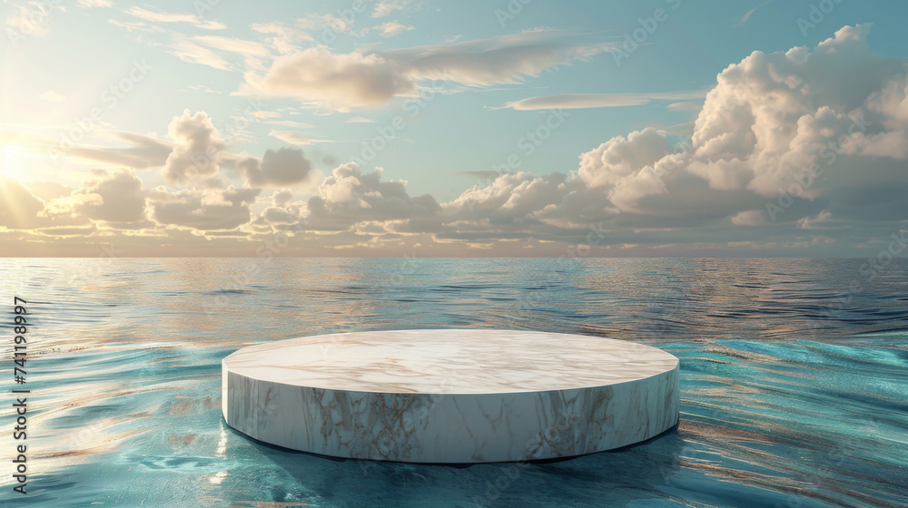 A minimalist marble platform floats on calm ocean waters under a picturesque sky at sunrise, evoking a sense of peace and solitude. - obrazy, fototapety, plakaty 