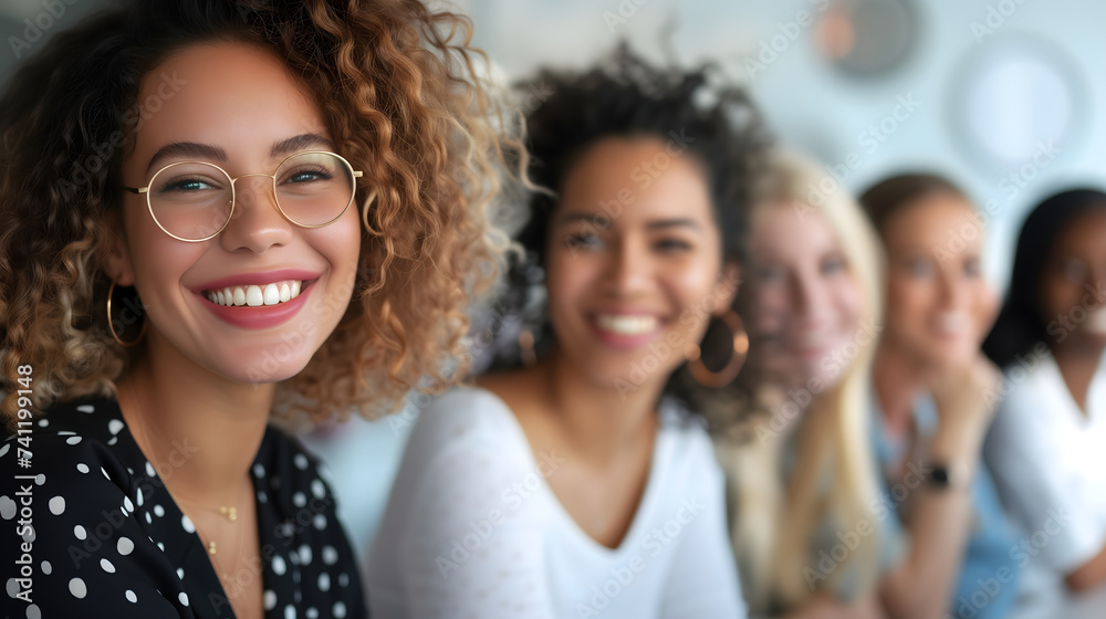 Women empower and support each other in the workplace. Diversity of nationality, Latino, white and black women. Five women are smiling and sitting beside each other on a blurred background.