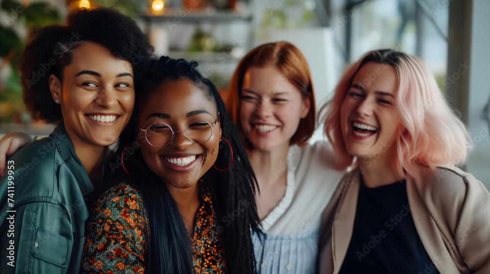 Women empower and support each other in the workplace. Diversity of nationality, white and black women. Four businesswomen are smiling and standing beside each other on a blurred workplace background. - obrazy, fototapety, plakaty 