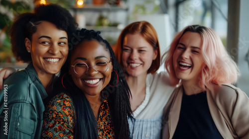 Women empower and support each other in the workplace. Diversity of nationality, white and black women. Four businesswomen are smiling and standing beside each other on a blurred workplace background.