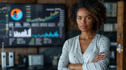 African American executive businesswoman arm crossed standing in modern office, stock market financial depicting investment trends and analytics background, confidence female advisor in workplace