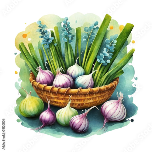 A basket of Spring vegetables with onions, tomatoes and garlic