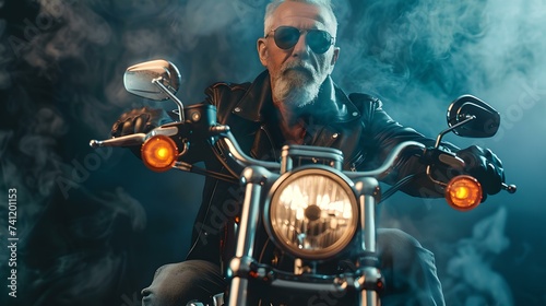 Stylish senior biker riding in the fog, cool attitude, freedom on the open road. dramatic motorcycle adventure. AI