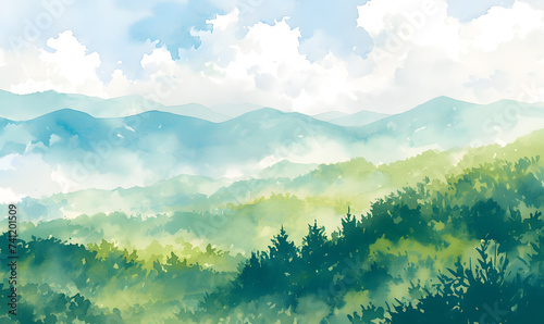 Hand drawn watercolor green mountain landscape, Generative AI