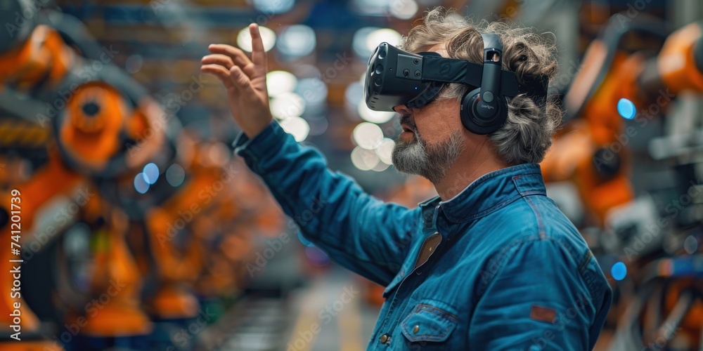 A skilled engineer with a VR headset is overseeing production in an industrial manufacturing facility.