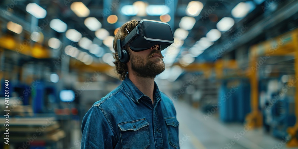 A skilled engineer with a VR headset is overseeing production in an industrial manufacturing facility. A skilled engineer with a VR headset is overseeing production in an industrial manufacturing facility.