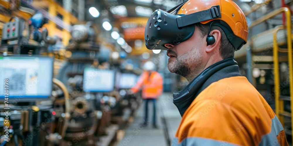 A skilled engineer with a VR headset is overseeing production in an industrial manufacturing facility.