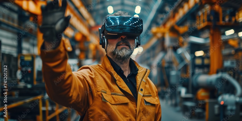 © Wuttichai - A skilled engineer with a VR headset is overseeing production in an industrial manufacturing facility. © Wuttichai - A skilled engineer with a VR headset is overseeing production in an industrial manufacturing facility.
