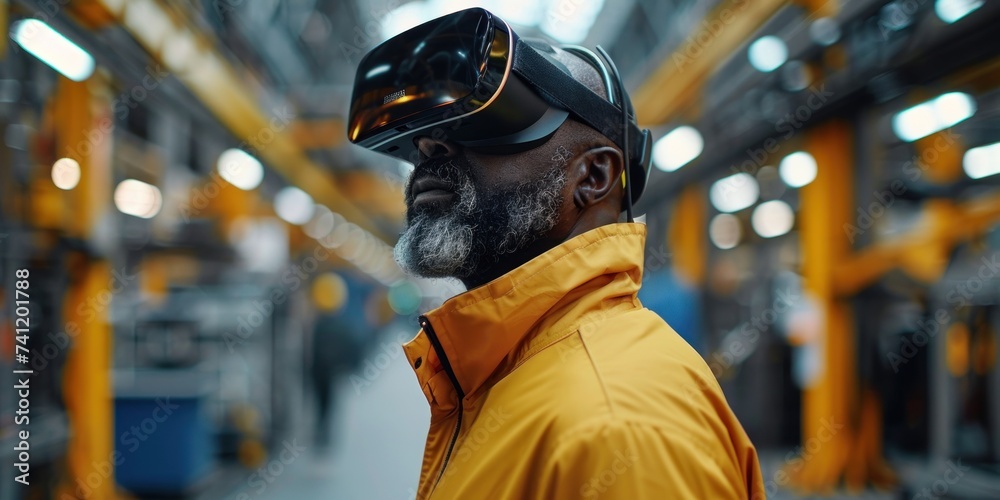 A skilled engineer with a VR headset is overseeing production in an industrial manufacturing facility. A skilled engineer with a VR headset is overseeing production in an industrial manufacturing facility.
