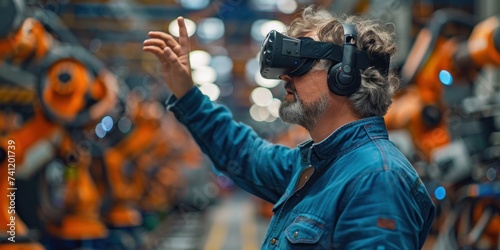 A skilled engineer with a VR headset is overseeing production in an industrial manufacturing facility.