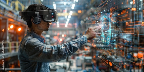 A skilled engineer with a VR headset is overseeing production in an industrial manufacturing facility. photo