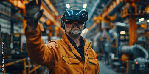A skilled engineer with a VR headset is overseeing production in an industrial manufacturing facility. photo