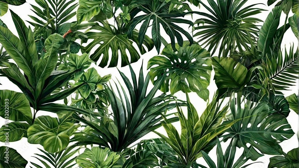 composition on a white background with green leaves of tropical plants forming a flowering bush in an indoor garden setting against a natural backdrop