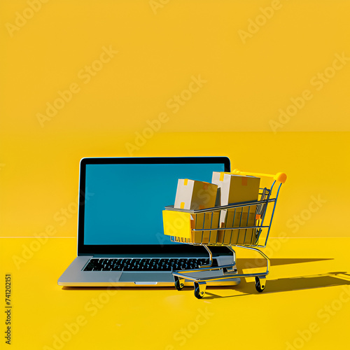 shopping cart in a supermarket on a laptop, e-commerce, dropshipping business concept 