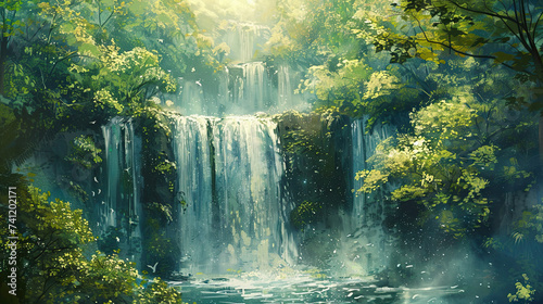 A captivating painting of a waterfall cascading through a verdant forest, illuminated by a soft, mystical light. 