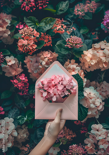 Card held by hand on beautiful floral background