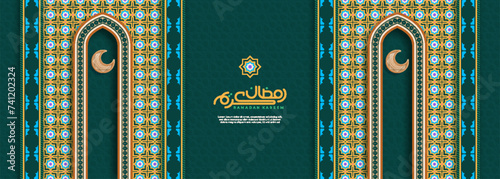 Ornamental pattern stone relief in the Arabic architectural style of an Islamic mosque, serving as a greeting card for Ramadan and Eid Mubarak. Calligraphy translation: Ramadan Kareem.