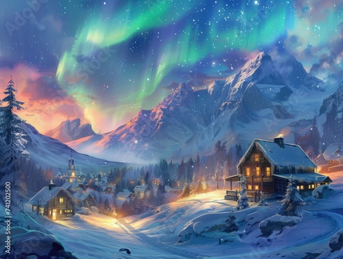Aurora borealis dancing above a snowy mountain village illuminating homes in a magical display