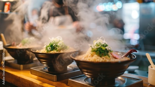 Cozy ramen shop on a bustling city street steam rising from bowls inviting warmth and comfort