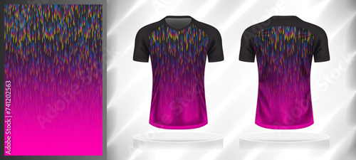 Vector sport pattern design template for V-neck T-shirt front and back with short sleeve view mockup. Shades of grey-pink-blue-yellow color gradient abstract line texture background illustration.