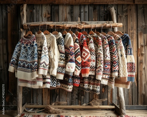 Knitted sweaters displayed on a rustic wooden ladder a variety of patterns showcasing handmade charm © Thanaphon