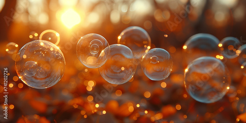 Transparante Blubber Blasen im schönen bunten Licht mit Bokeh und strahlenden Sonnenlicht, ai generativ
