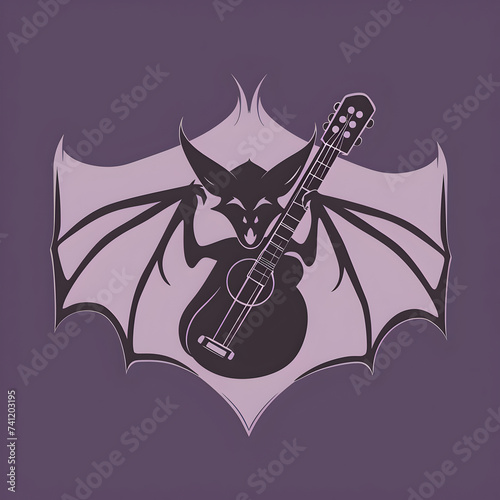 A logo illustration of a bat with a guitar on purple background.
