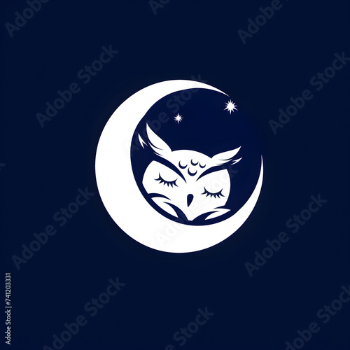 A logo illustration of an owl sleeping in a crescent moon on a navy blue background.