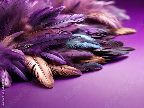 close up of purple flower. Feathers on a purple background, suitable for design with copy space, Mardi Gras celebration.

 photo