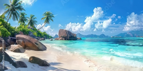 Idyllic tropical beach with white sand  clear turquoise water  granite boulders  and lush palm trees under a blue sky.