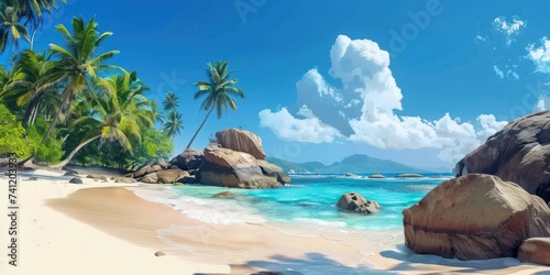 Idyllic tropical beach with white sand, clear turquoise water, granite boulders, and lush palm trees under a blue sky. © Bussakon