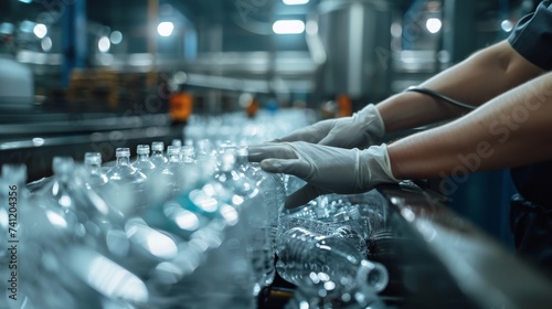 The hands of the employee in gloves are close-up. On the conveyor for recycling and sorting garbage from plastic bottles, glasses of different sizes, garbage sorting and recycling concept © ND STOCK