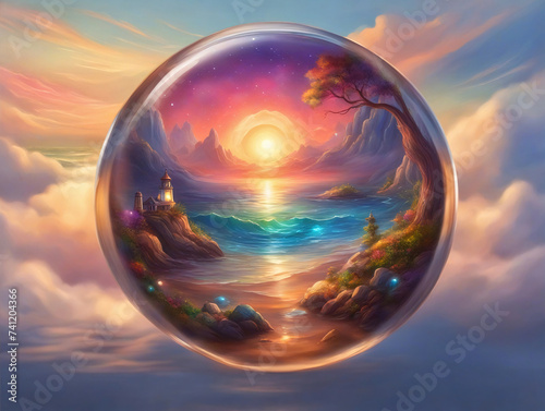 Landscape with sea beach inside a round glass bottle. 