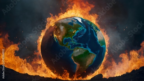 burning earth in fire, Earth globe collapse, burning, destroyed by fire. Conceptual illustration of global warming, caused by the excesses of the world of finance and industry photo