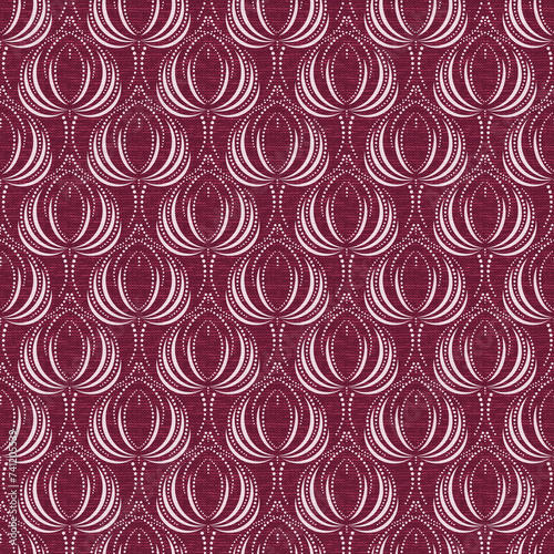 Seamless art deco pattern. Stylized lotus flowers. White pattern on a crimson background.