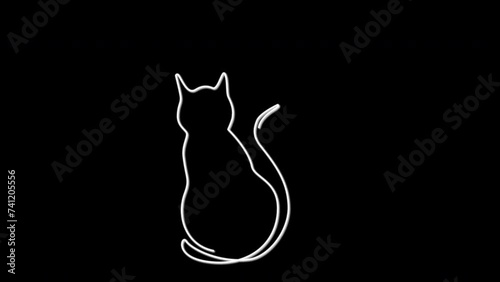 Cat, kitten sitting. Animated line, self drawing animation. Sitting cat, white line animated on black background.