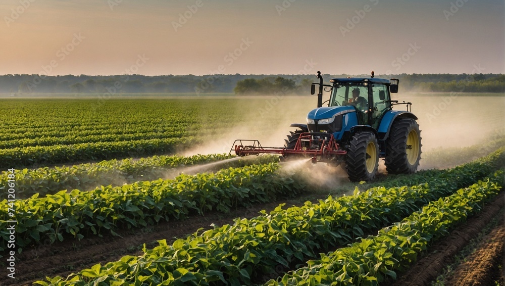 Fototapeta premium Tractor spraying pesticides on soybean field with sprayer at spring