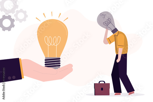 Unhappy businessman with extinguished light bulb instead of head. Not creative employee, lack of ideas. Problem with imagination. Business coach give new idea or innovation.