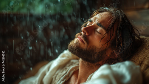 Serene Man Resting in Rain