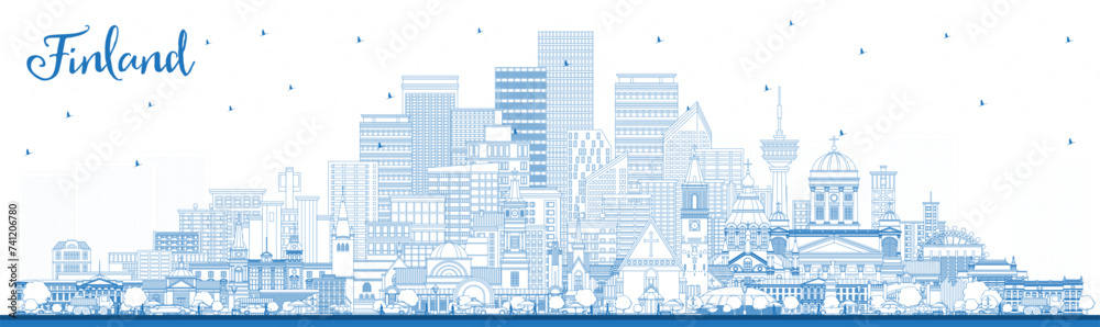 Outline Finland city skyline with blue buildings. Concept with historic and modern architecture. Finland cityscape with landmarks. Helsinki. Espoo. Vantaa. Oulu. Turku.