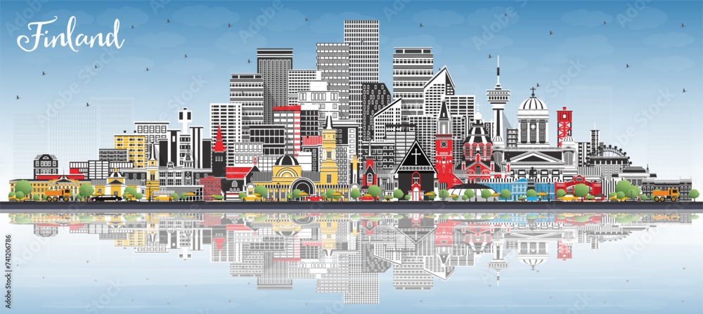 Obraz premium Finland city skyline with gray buildings, blue sky and reflections. Historic and modern architecture. Finland cityscape with landmarks. Helsinki. Espoo. Vantaa. Oulu. Turku.