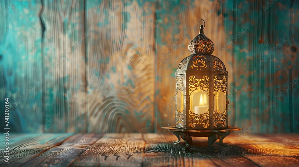 Ramadan concept. Close-up date in foreground. Ramadan Lantern on wooden table. Textured wall background. Space for text on the right - Eid Ul Fitr - generative ai - obrazy, fototapety, plakaty 