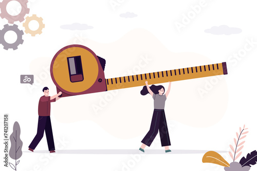 Smart business people carry giant measuring tape to measure and analyze distance or business success measurement. Business goal and achievement or growth metric analysis concept.