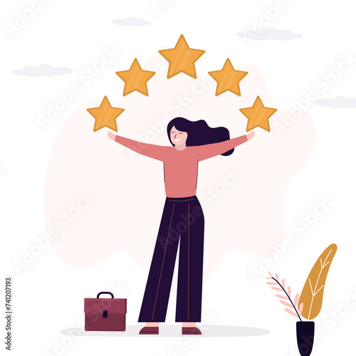 Businesswoman juggles golden stars. Best, excellent business reputation. Woman customer give higher star rating. User experience, review, business or service quality. Highest rank