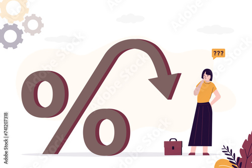 Businesswoman looking at percentage sign with falling. Interest rate falling down, reduction. Investor think about profit fall in economic recession