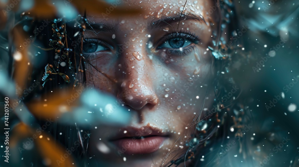 The image exhibits a close-up of a woman's face partially obscured by what appears to be droplets of water on a transparent surface. Her skin is dotted with droplets emphasizing texture and detail. Sh
