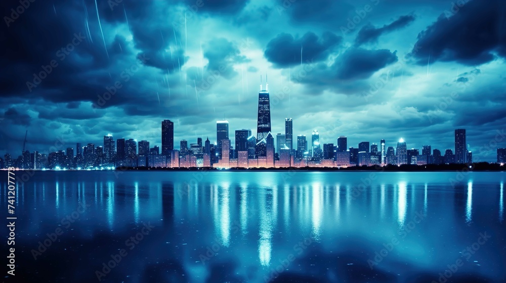 The image presents a panoramic view of a city skyline at night under stormy weather conditions. The skyline is illuminated with various building lights and reflects on the body of water in the foregro